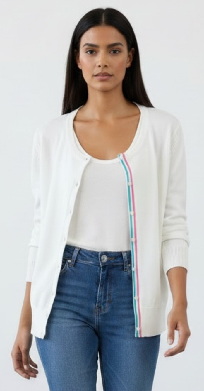 Tommy Hilfiger Women's White Button-Front Long Sleeve Cardigan with Striped Trim